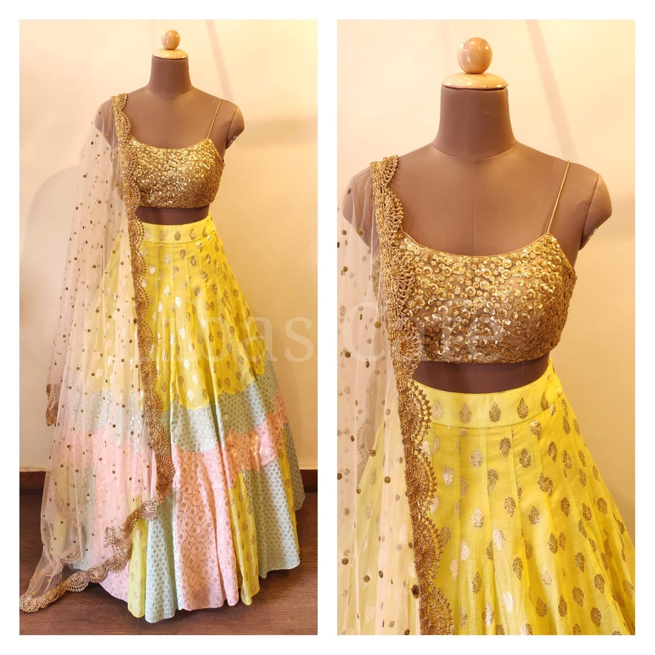 Colour Blocked Chanderi Lehenga